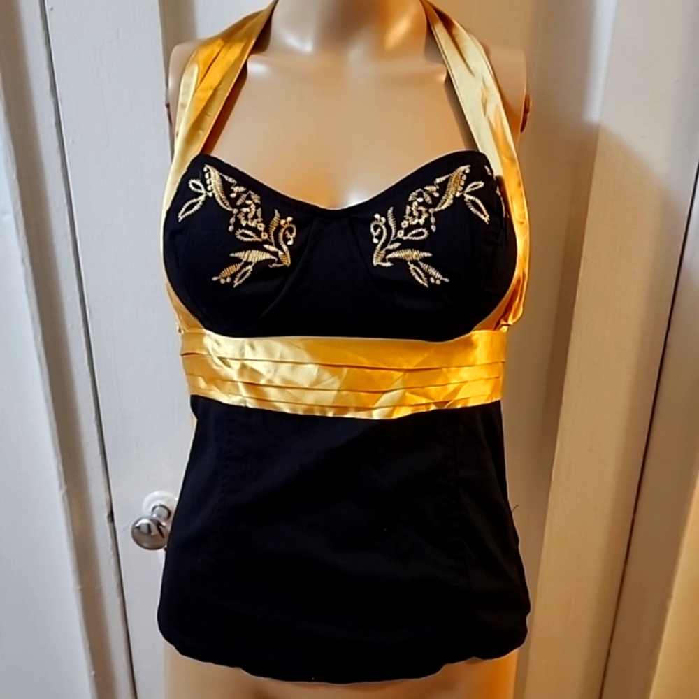 BLACK HALTER TOP Gold Embroidery Detail & Gold Satin Waistband/Straps Size S NWT